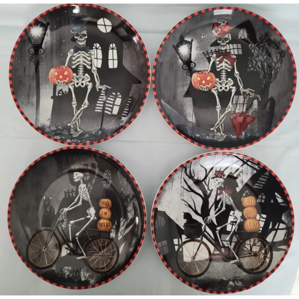 222 Fifth Halloween Skeleton 8" Salad Plates Set Bicycle & Dapper Lot Of 4 HTF